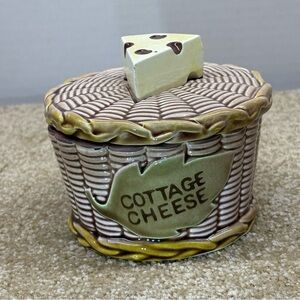 1960s MCM Tilso Retro Lidded Cottage Cheese Dish Bowl Wicker Style Base Japan 4”
